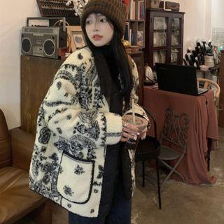 Fleece Button-up Jacket Black Print - White - One Size