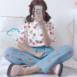 Set: Short Sleeve Strawberry Print Shirt + Elastic Waist Jeans