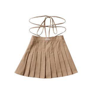 Tie-waist Lettering Pleated Mini A-line Skirt