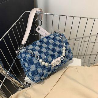 Faux Pearl Check Denim Crossbody Bag