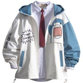 Cartoon Shark Print Hooded Jacket