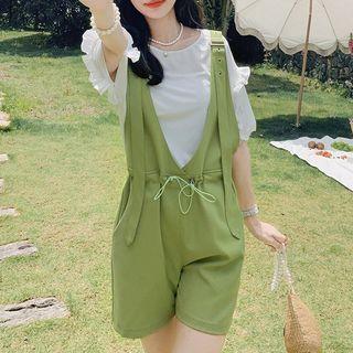 Set: Short-sleeve Frill Trim Top + Jumper Shorts