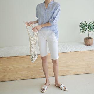Open-placket 3/4-sleeve Striped Shirt Sky Blue - One Size