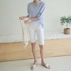 Open-placket 3/4-sleeve Striped Shirt Sky Blue - One Size