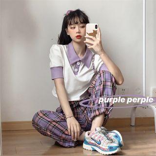 Short-sleeve Polo Shirt / Plaid Harem Pants Purple - One Size
