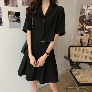 Plain Button-up Blazer / High-waist Plain A-line Mini Skirt