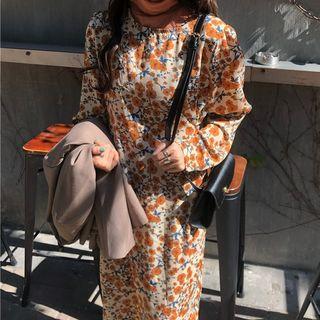 Long-sleeve Floral Midi Dress Yellow - One Size