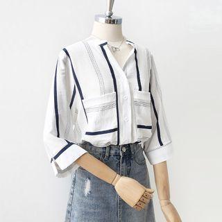 Striped Elbow-sleeve Double-pocket Blouse
