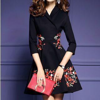 V-neck 3/4-sleeve Embroidered Dress