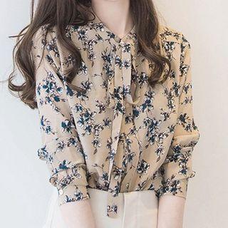 3/4-sleeve Tie-neck Floral Print Blouse