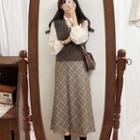 Plain Blouse / Knit Vest / Plaid Midi A-line Skirt