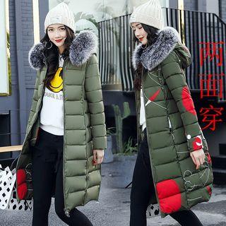 Faux Fur Trim Hooded Reversible Padded Coat