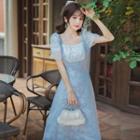 Mock Two-piece Puff-sleeve Floral Midi Dress
