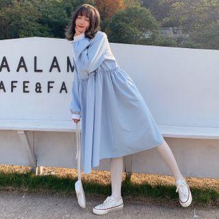 Collared Long-sleeve Midi Shift Dress Sky Blue - One Size