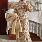Floral Long-sleeve Pleated Midi Dress Orange Yellow - One Size