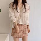Embroidered Blouse / Plaid A-line Mini Skirt