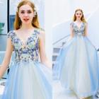 Sleeveless Embroidered Flower Open Back Gradient Mesh A-line Evening Gown