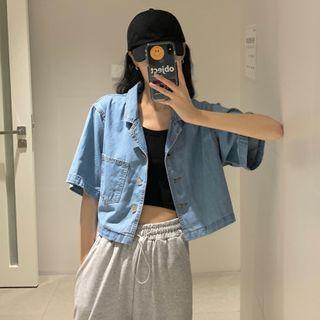 Denim Short-sleeve Cropped Shirt Blue - One Size
