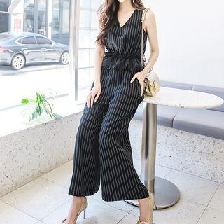 Set: Pinstriped Sleeveless Peplum Top + Wide-leg Pants