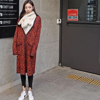 Plunge-neck Buttoned Patterned Long Cardigan
