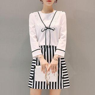 Set: Bow Long Sleeve Top + Striped A-line Skirt