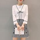 Set: Bow Long Sleeve Top + Striped A-line Skirt