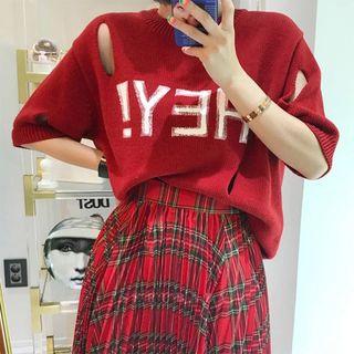 Lettering Ripped Elbow Sleeve Sweater