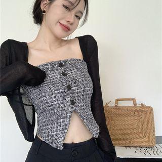 Plaid Button-up Tube Top / Plain Cardigan