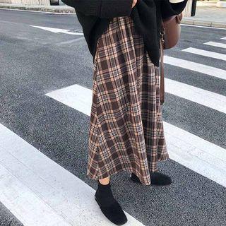 Plaid A-line Skirt Brown - One Size