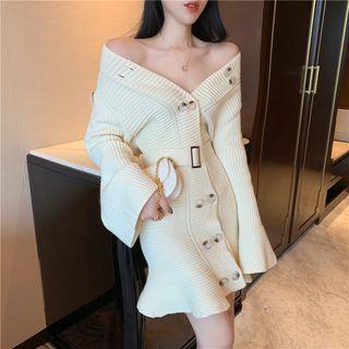 Double-breasted Off-shoulder Long-sleeve Slim-fit Knit Dress