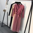 Mock Two-piece Long-sleeve Knit Panel Midi Mesh Dress