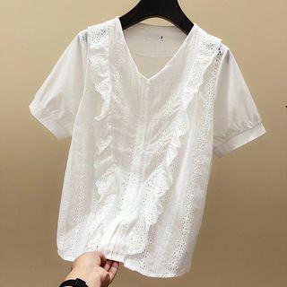 Short-sleeve V-neck Top White - One Size