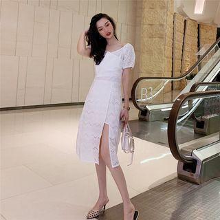 Puff-sleeve Lace Embroidered Slit Midi Dress
