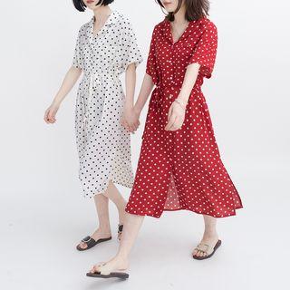 Dotted Short-sleeve Midi Shirt Dress