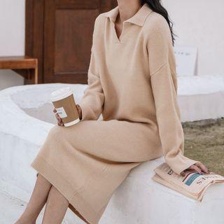 Collared V-neck Midi Sweater Dress