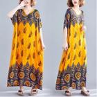 Elbow-sleeve Printed Maxi Dress Yellow - One Size