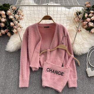 Set Of 2 : Plain Cropped Cardigan + Embroidered Word Camisole Top
