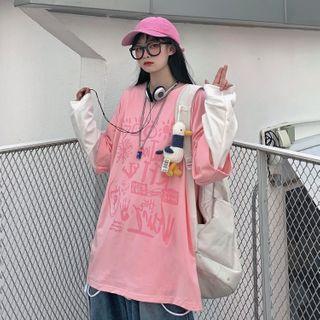 Long-sleeve Mock Two-piece Lettering T-shirt Pink - One Size