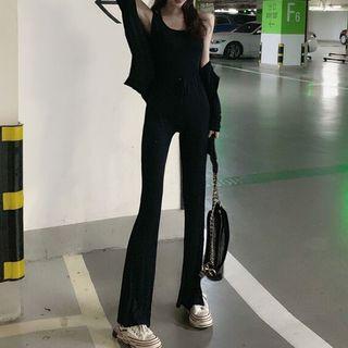 Set: Plain Hooded Jacket + Tank Top + Slit-side Pants