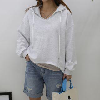 V-neck Fray-hem Hooded Top