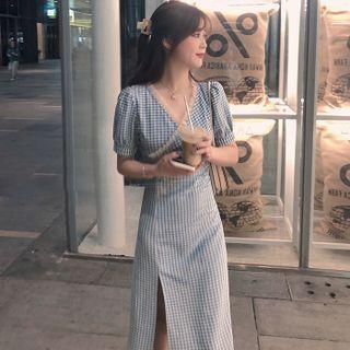 Short-sleeve V-neck Check Midi A-line Dress