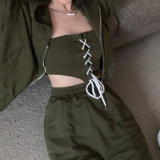 Lace Up Tube Top / Hooded Zip Jacket / Wide Leg Pants