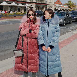 Faux Fur-trim Hooded Velvet Long Padded Coat