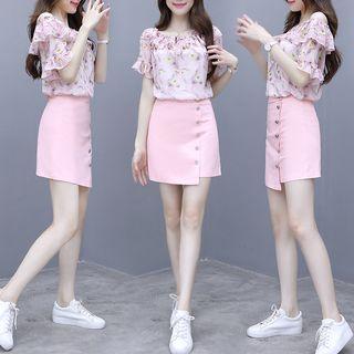 Set: Floral Print Chiffon Blouse + Asymmetric A-line Skirt