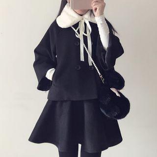 Set: Furry Trim Double Breasted Coat + A-line Skirt