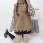 Frayed Sweater Vest / Tie-neck Plaid Long-sleeve Blouse