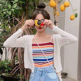 Light Cardigan / Spaghetti Strap Striped Knit Top