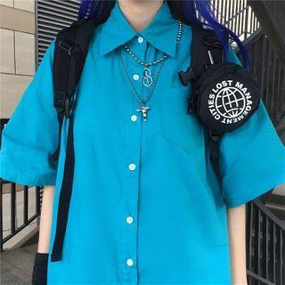 Front Pocket Short-sleeve Button-down Shirt Blue - One Size