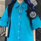 Front Pocket Short-sleeve Button-down Shirt Blue - One Size