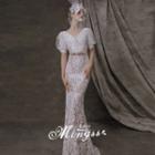 Short-sleeve Sequined Applique Mermaid Wedding Gown